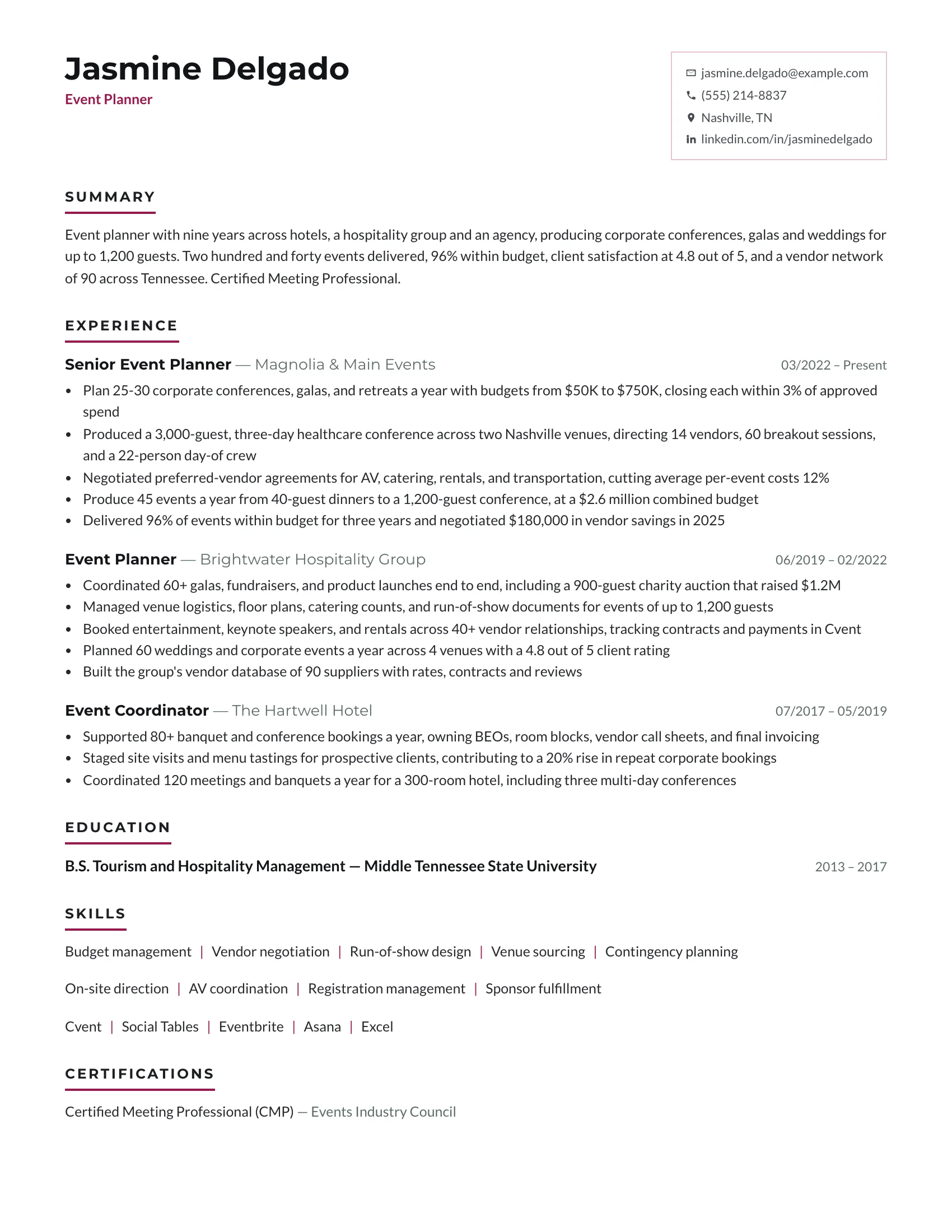 Event Planner · Marquee resume template preview